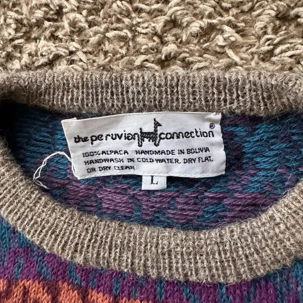 Peruvian Connection Alpaca Grandpa Sweater Colorful Geometric Pattern Crew Lg